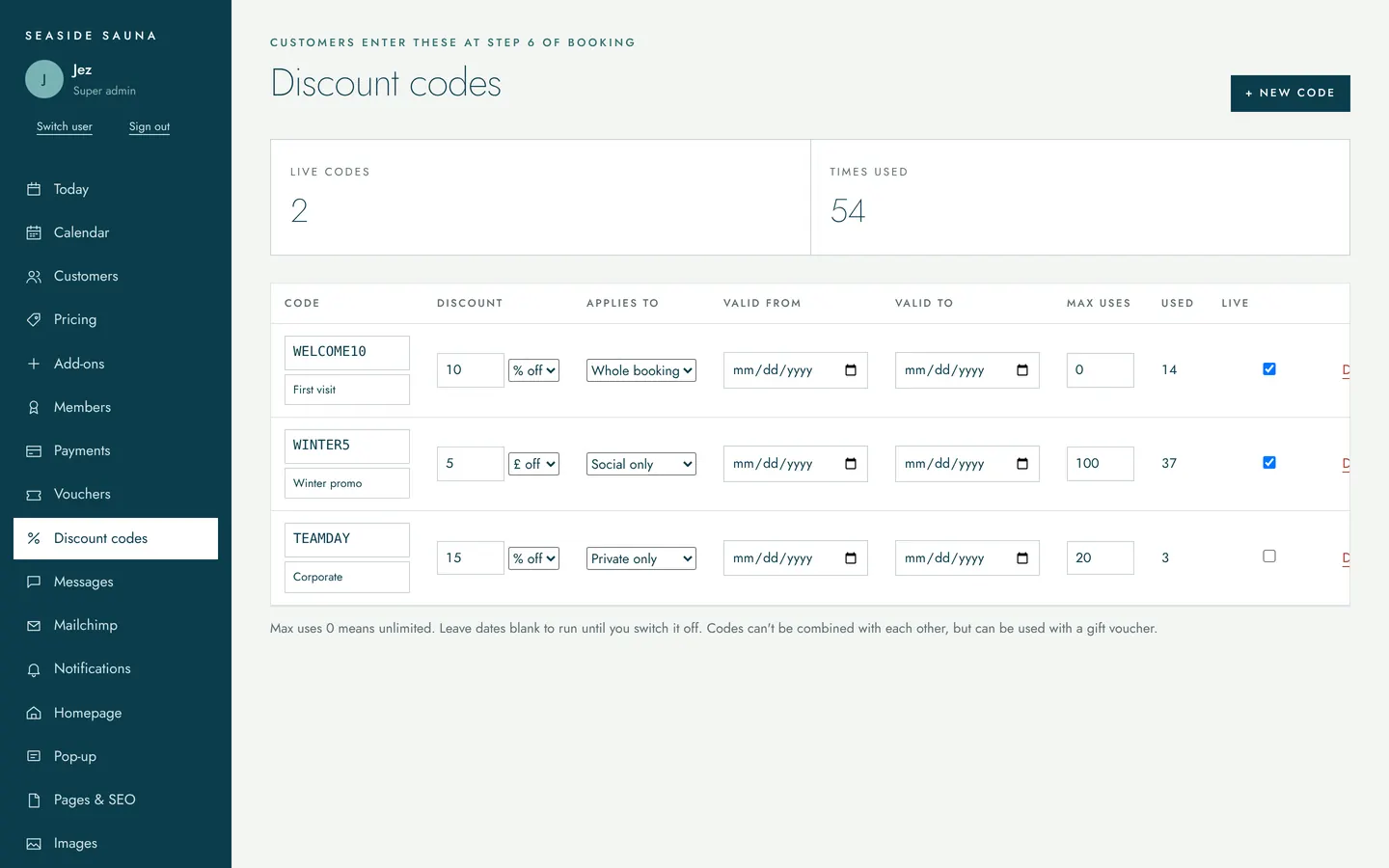 Discount codes screen