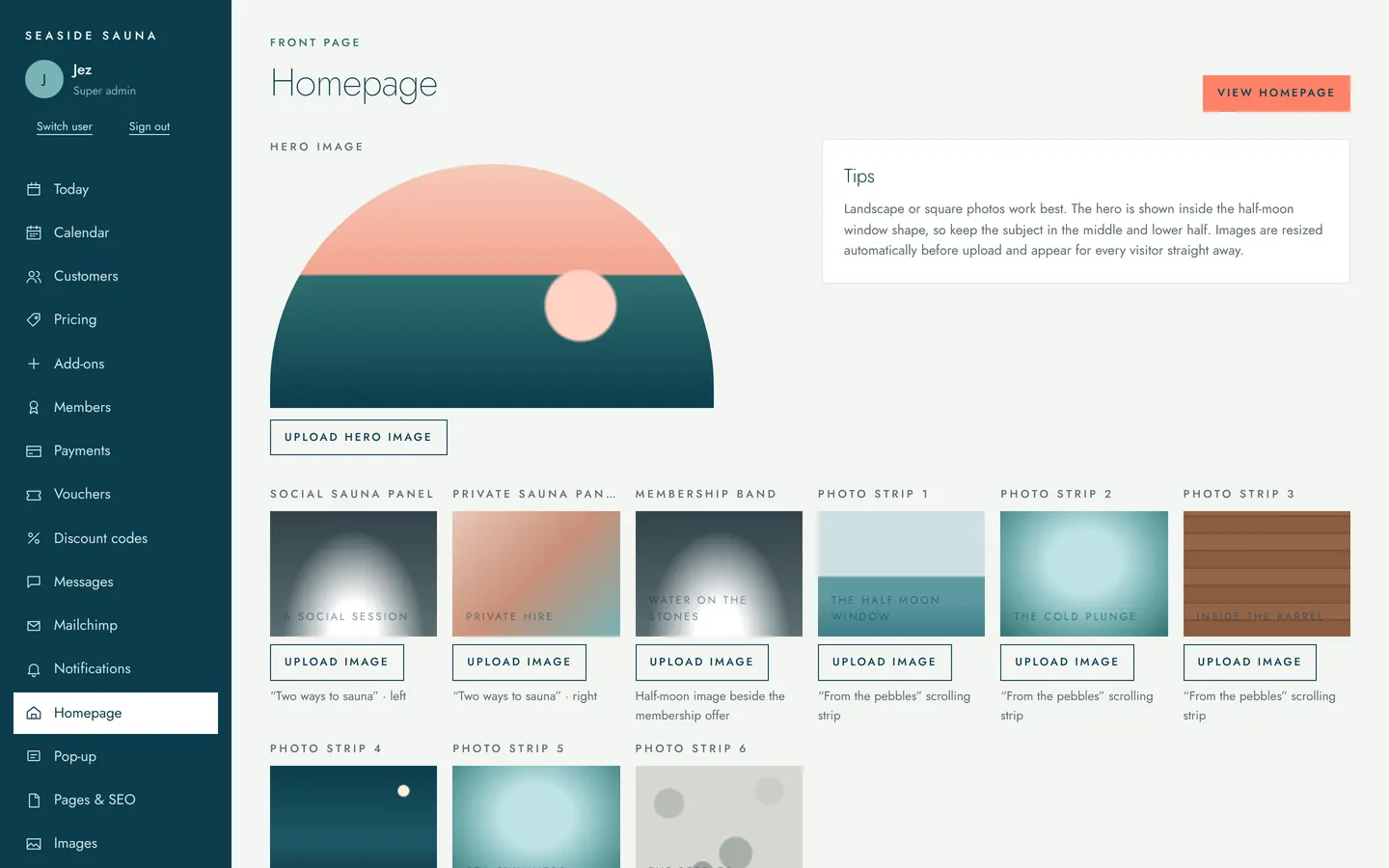 Homepage editor in the back office