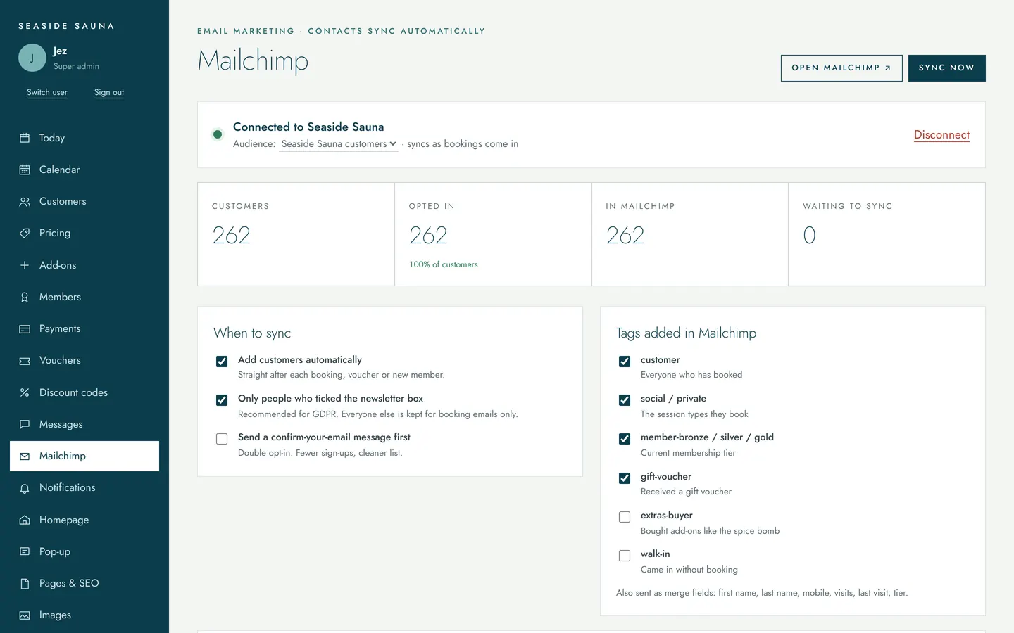 Mailchimp sync settings