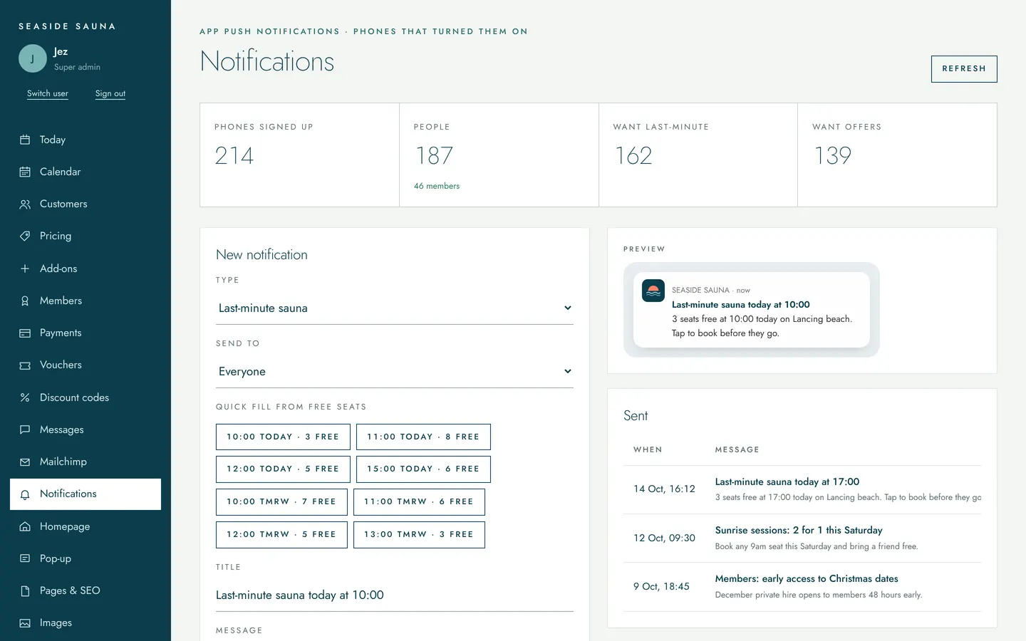 Notifications screen: quick-fill buttons for free seats, a live preview and the sent history