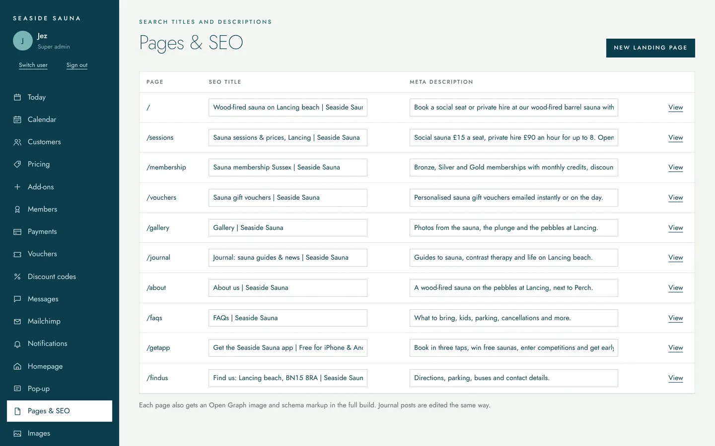 Pages and SEO screen