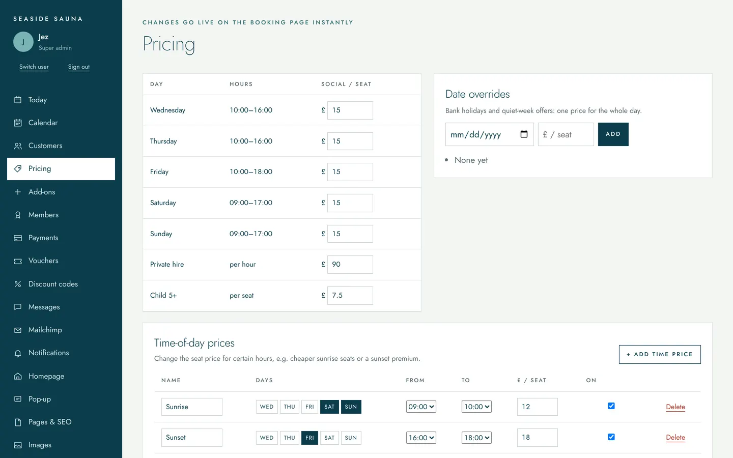 Pricing screen with time-of-day prices
