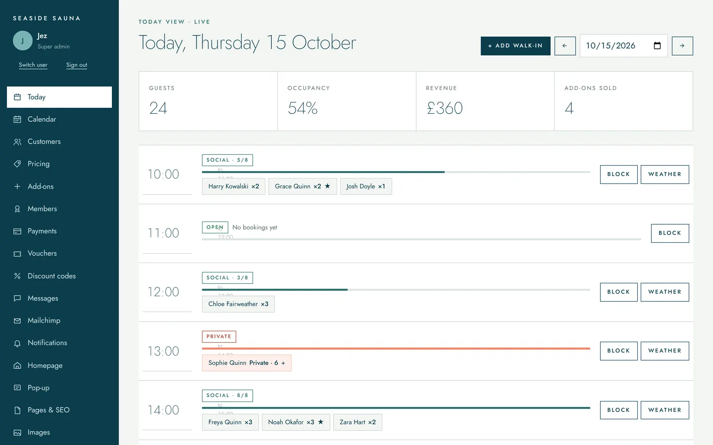 Stoked back office Today view with guests, occupancy, revenue and each hour's bookings
