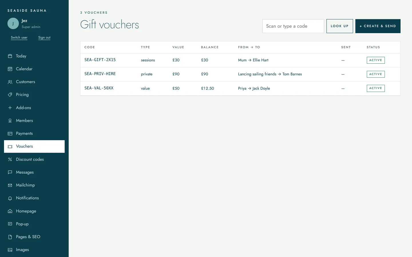 Vouchers screen