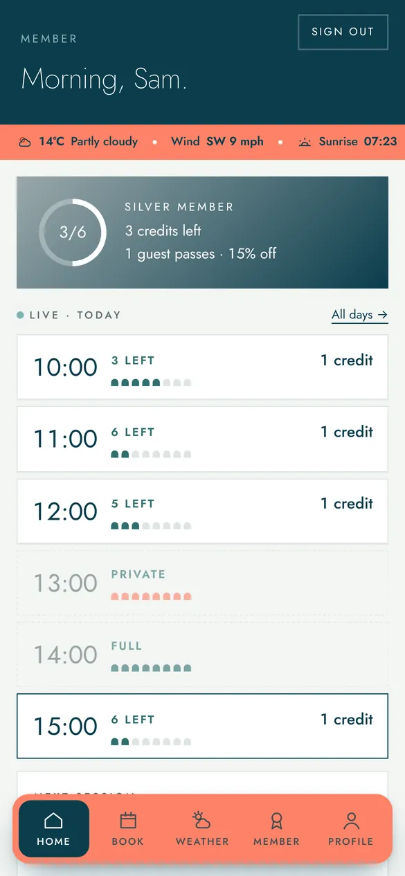 Customer app home screen with live seats left for each hour