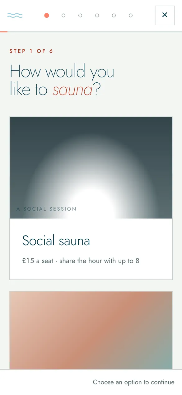 Step 1: choose social or private sauna