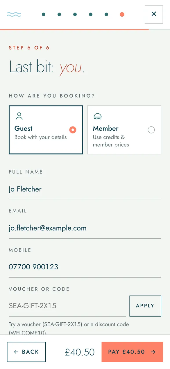 Step 6: contact details, voucher code and pay button
