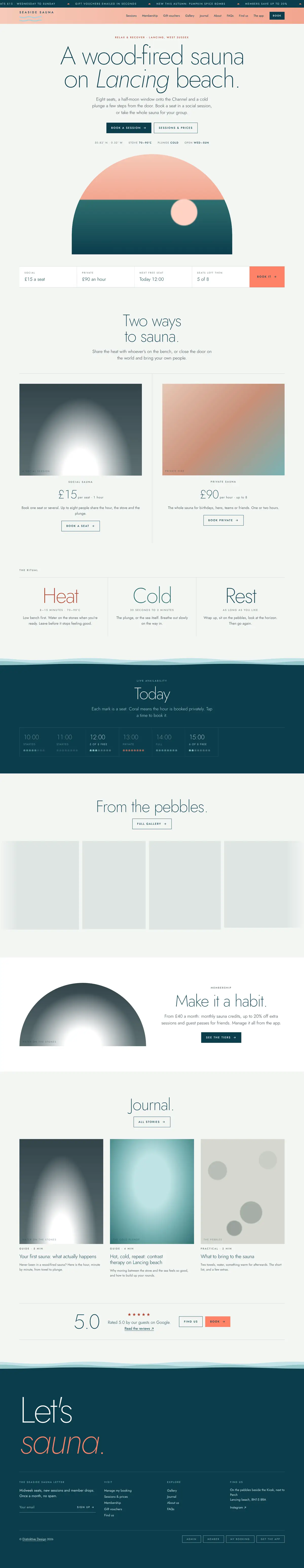 The full Seaside Sauna homepage, scrolling