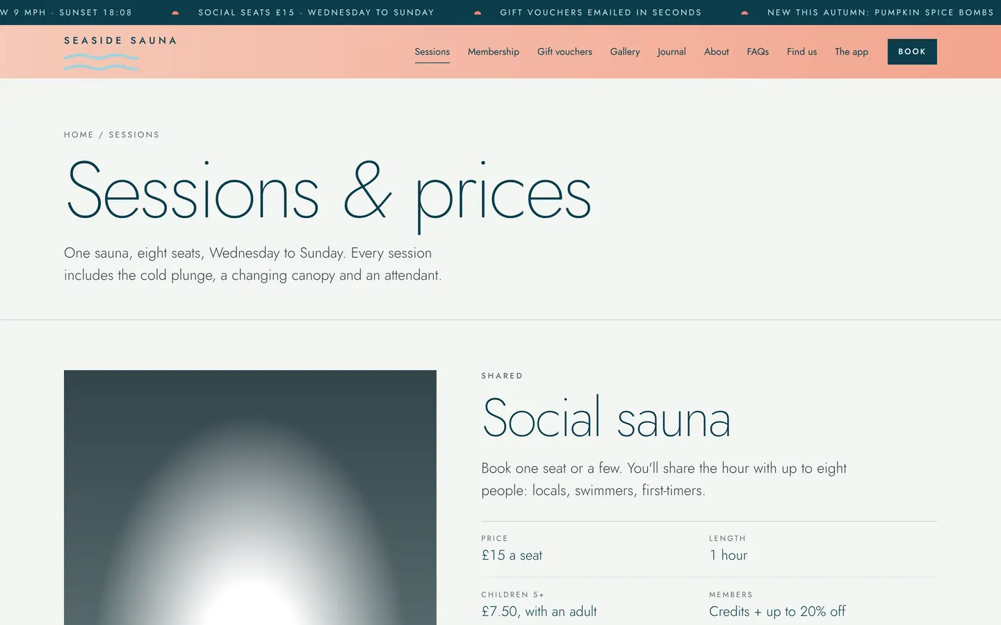 Sessions and prices page