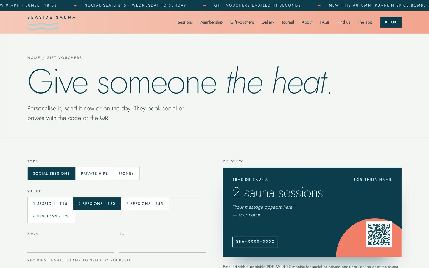 Gift voucher page with live preview