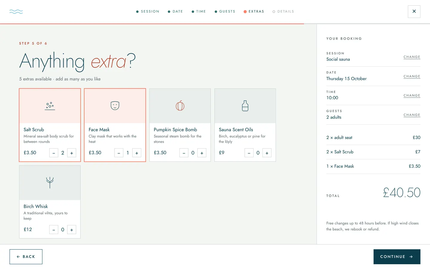 Add-ons step in the booking flow