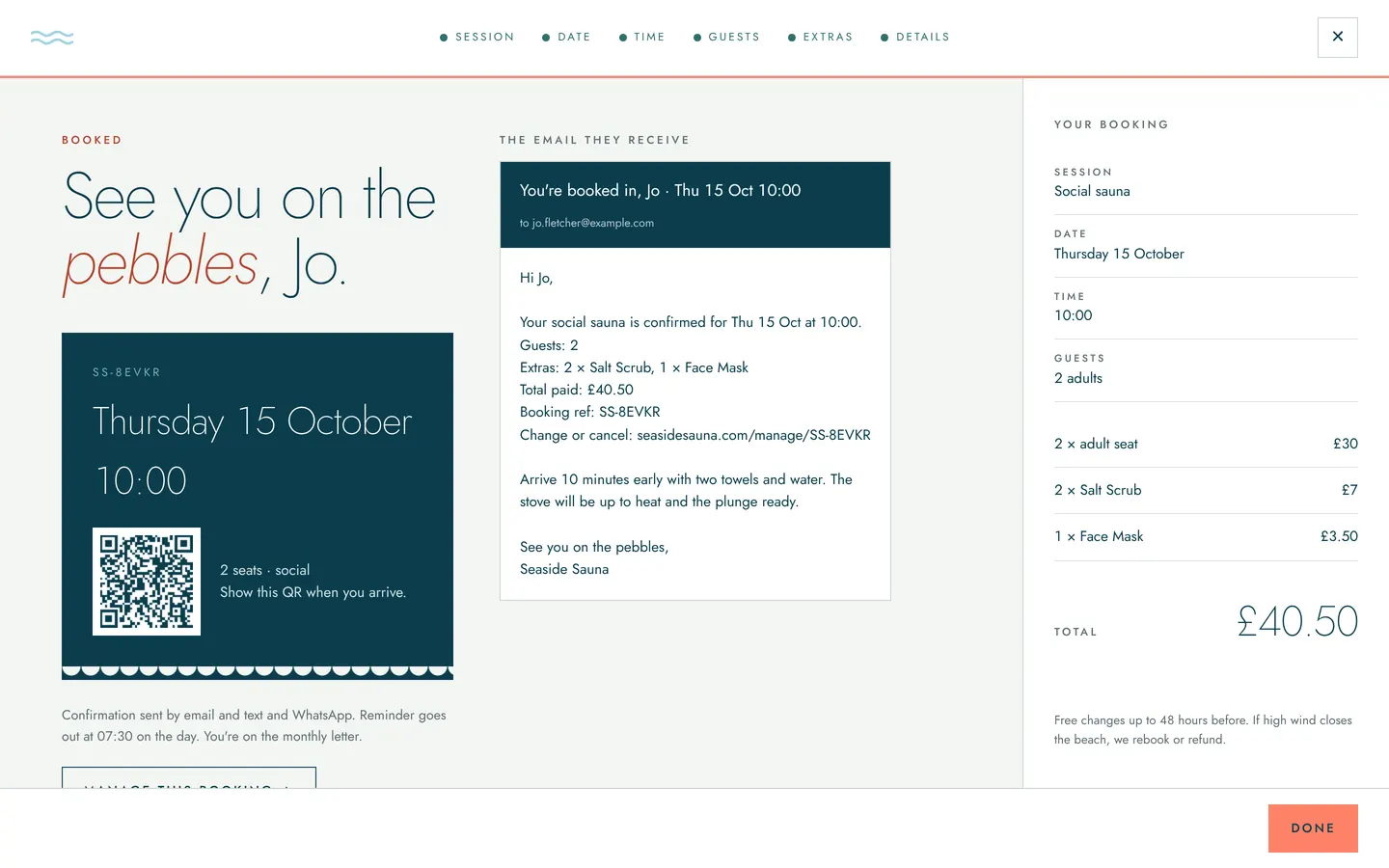 Desktop booking confirmation showing the email the guest receives